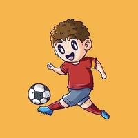 Happy cute boy playing soccer. Boy playing soccer vector illustration. Children playing football illustration. Soccer illustration.