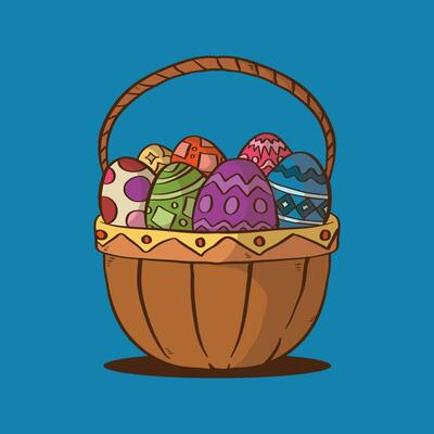 Cartoon Easter eggs basket Vector Illustration. Brown basket for Easter eggs illustration.