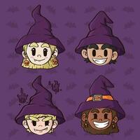 Set of cute childrens using witch hat on halloween party. Cute vector illustration. Halloween party illustration.