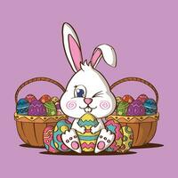 Cute Easter Bunny and Easter eggs vector illustration. Rabbit and easter eggs mascot vector illustration