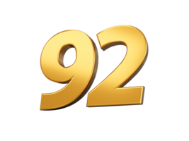 Gold number 92 Ninety two . shiny 3d number made of gold 3d illustration png