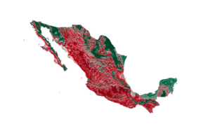 mapa do méxico com as cores da bandeira ilustração 3d do mapa de relevo sombreado vermelho e amarelo png