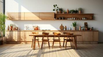 wooden kitchen house in afternoon AI generative photo