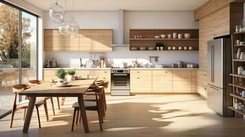 wooden kitchen house in afternoon AI generative photo