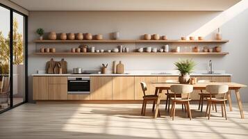 wooden kitchen house in afternoon AI generative photo