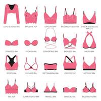 Types of bras. Big vector collection of lingerie. Set of underwear, balconette, strapless, unlined, super push-up, soft-cup, longline, sports and triangle bra. Set of isolated pink icons with bras.