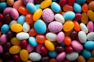 Photo-realistic of colorful candies in aerial view for background made by AI generated photo