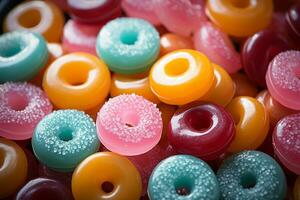 Photo-realistic of colorful candies in aerial view for background made by AI generated photo