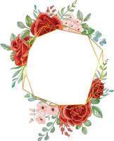 Red Rose with Gold Line Watercolor hexagonal floral frame. Luxurious floral elements, botanical background or wallpaper design, prints and invitations, and postcards.Print vector