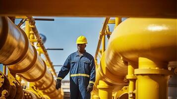 masculino trabajador en pie abajo amarillo pintado tubería a petróleo refinería, generativo ai foto