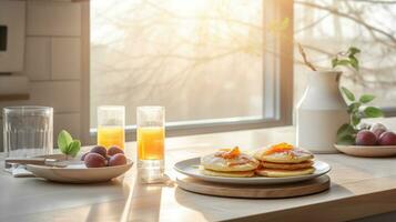 A pancake breakfast plate in a wide shot of a beautiful modern kitchen with beautiful morning light coming in from the large windows and countertops in the background. AI Generative photo