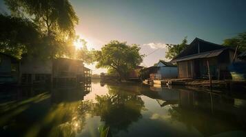 hermosa tarde en el pueblo por el río, profesional suave fotografía estilo, ai generativo foto