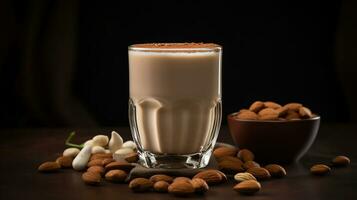 Glass of tasty latte with nuts on beige background, generative ai photo