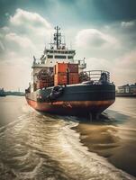 Tugboat push large cargo vessel to berth at port terminal. Port terminal operations and handling equipment, generative ai photo