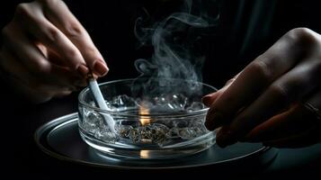 Woman holding smoldering cigarette over glass ashtray at grey table against black background, generative ai photo