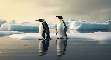 Two cute emperor penguins confused by ice melting, world global planet climate change. Generative AI photo