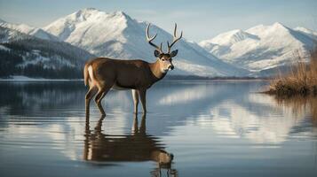 un ciervo en pie en frente de un montaña lago con un reflexión de es cornamenta en el agua y un montaña rango en el antecedentes con nieve tapado picos en el antecedentes. generativo ai foto