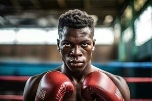 Boxing african young man in action on the stadium ,Generative AI. photo