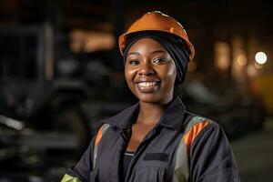 contento africano americano mujer industrial profesional en pie en construcción metalúrgico , generativo ai . foto