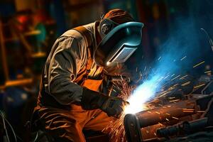 A worker while doing a welding with arc welder power plant  at factory ,Generative AI . photo