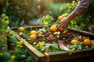 Closes up hand composting food waste in backyard compost bin garden,Generative AI photo