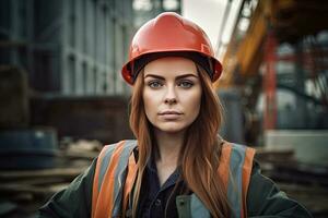 un hembra trabajador en el antecedentes de el construcción sitio,generativo ai . foto