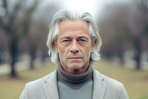 European man in 70s, medium gray hair, park background , Generative AI photo