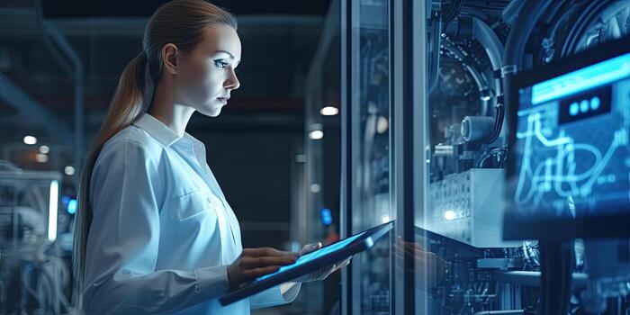 Engineer woman using tablet with machine real time monitoring system software , Generative AI . photo