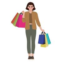 Cute young happy woman shopahollic mental health bringing too much paper shopping bag vector illustration