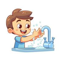Happy boy is washing his hands to prevent disease at the hand washing sink.Flat Cartoon Vector Illustration.