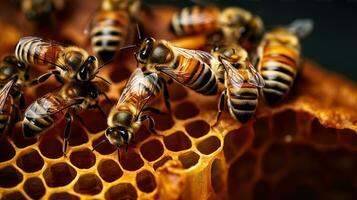 Closeup of bees on honeycomb in apiary - selective focus, Generative AI photo