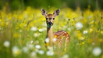 Roe deer, Capreolus capreolus, chewing green leaves. Beautiful blooming meadow with many white and yellow flowers and animal, Generative AI photo