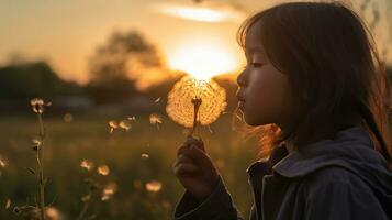 Little Girl Blowing Dandelion Flower At Sunset - Defocused Background, generative ai photo