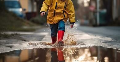 un pequeño Niños mojado y salvaje exploración, generativo ai foto