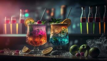 Cocktails drinks on the bar, blured background, hyper-detailed. AI Generative photo