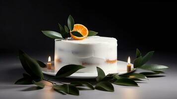 Minimalistic single tier wedding cake with white icing and sliced orange and eucalyptus decoration. Close up, background, top view, Generative AI photo