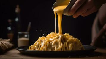 Pouring tasty cheese sauce into spaghetti with meat on wooden table, closeup, generative ai photo