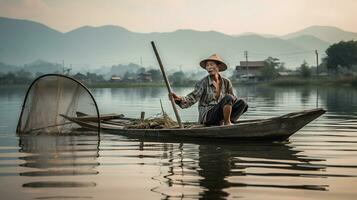 Fisherman at sunset in lake Fishing village. AI Generative photo