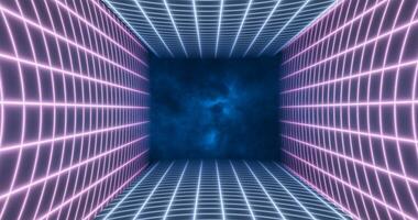 resumen púrpura azul energía cuadrícula arremolinándose túnel de líneas en el parte superior y fondo de el pantalla mágico brillante brillante futurista de alta tecnología antecedentes foto