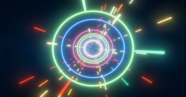 Abstract multi-colored energy futuristic hi-tech tunnel of flying circles and lines neon magic glowing background photo