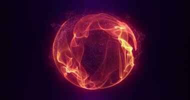 Abstract orange fire energy sphere of particles and waves of magical glowing on a dark background photo