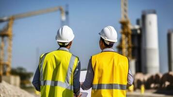 ingeniero con chalecos conferir cerca el construcción sitio, encendido proyecto progreso. generativo ai foto