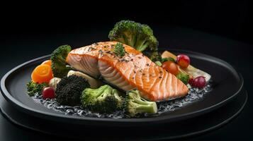 Grilled salmon with vegetables served on black stone plate. AI Generative photo