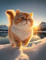 un foto de un súper linda y hermosa chino naranja gato, corriendo en el blanco nieve debajo el atardecer, generativo ai