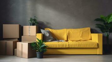 Bunch of blank moving boxes and house plants near the yellow textile couch in a new apartment. Spacious living room with grey walls, unpacked cardboard boxes. Interior background, AI Generative photo