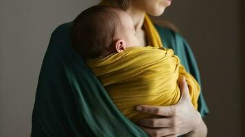 un mujeres amoroso abrazo de su dormido infantil en un amarillo envolver transportador. generativo ai foto