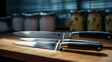 conjunto de cocina cuchillos en un de madera mesa, generativo ai foto