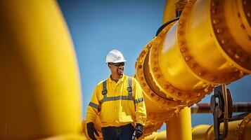 masculino trabajador en pie abajo amarillo pintado tubería a petróleo refinería, generativo ai foto