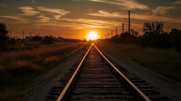 Train tracks leading into the sunset. AI Generative photo