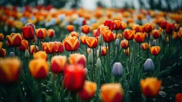 un campo plantado con muchos tulipanes en primavera tiempo. vistoso antecedentes con flores para primavera fiesta estación. cerca arriba, generativo ai foto